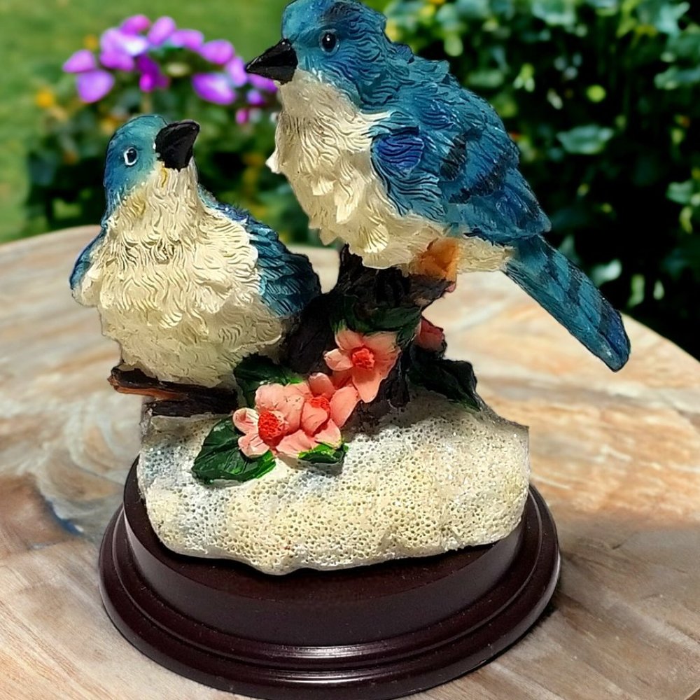 Love Bluebird Pair Perched on a Tree Branch Resin Figurine atop Faux Coral Reef